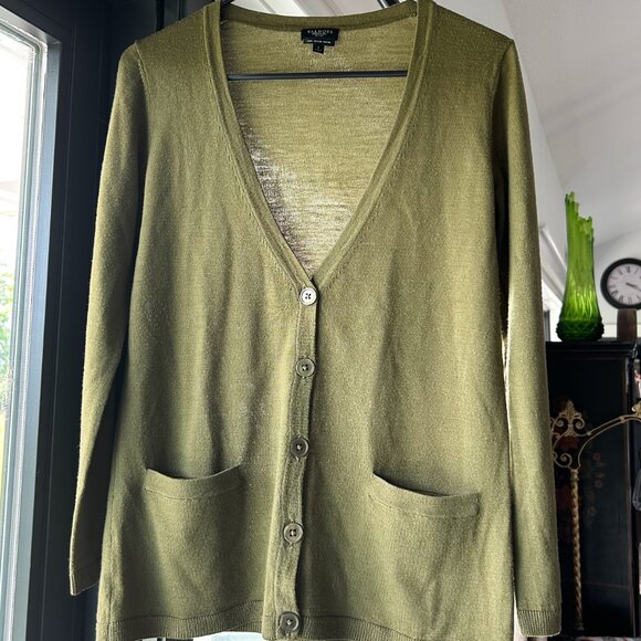 Talbot Button Down Cardigan Sweater Olive Green Petite Small with Pockets - Picture 3 of 8